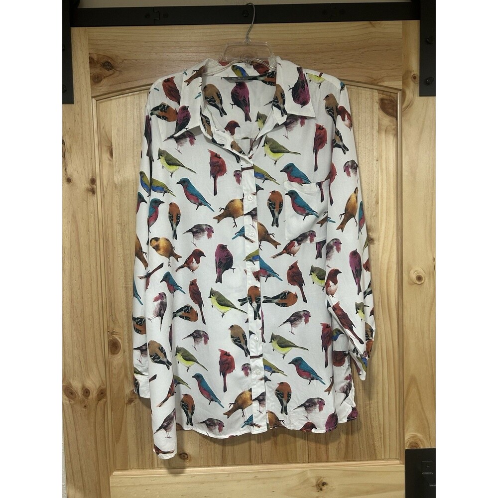 Ulla Popken Women’s Long Sleeve Button Down Shirt Multi Color Bird Print 24/26